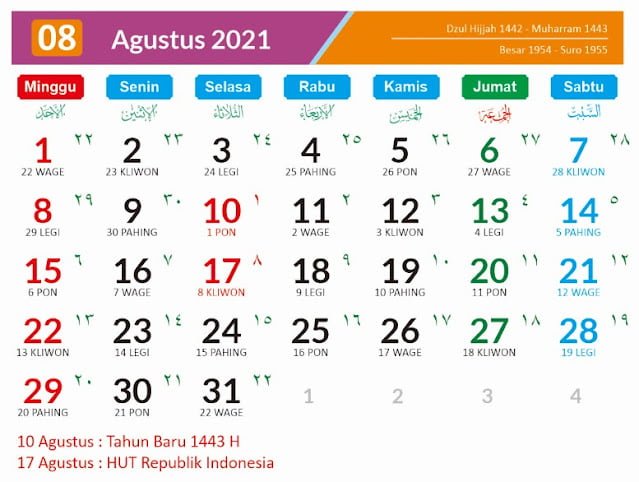 Kalender agustus 2021 lengkap