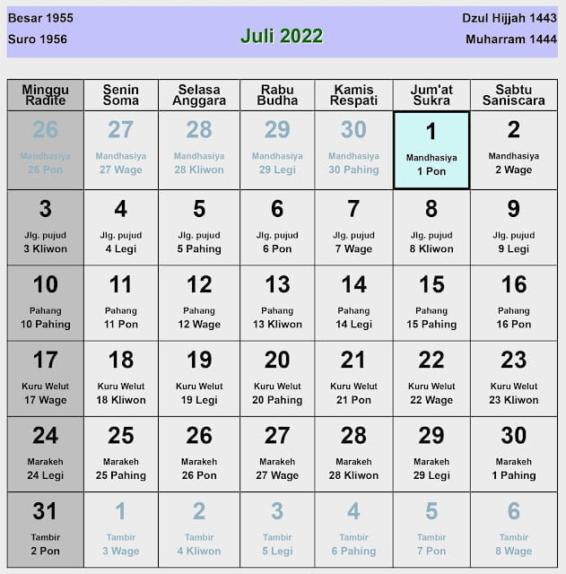 Kalender jawa juli 2021
