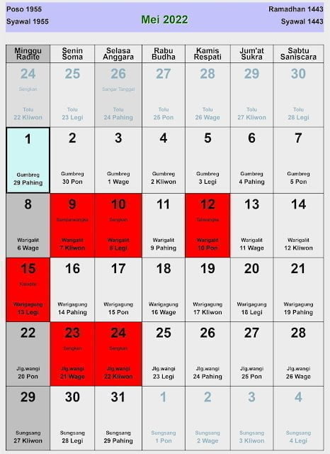 Kalender bulan mei 2022 lengkap